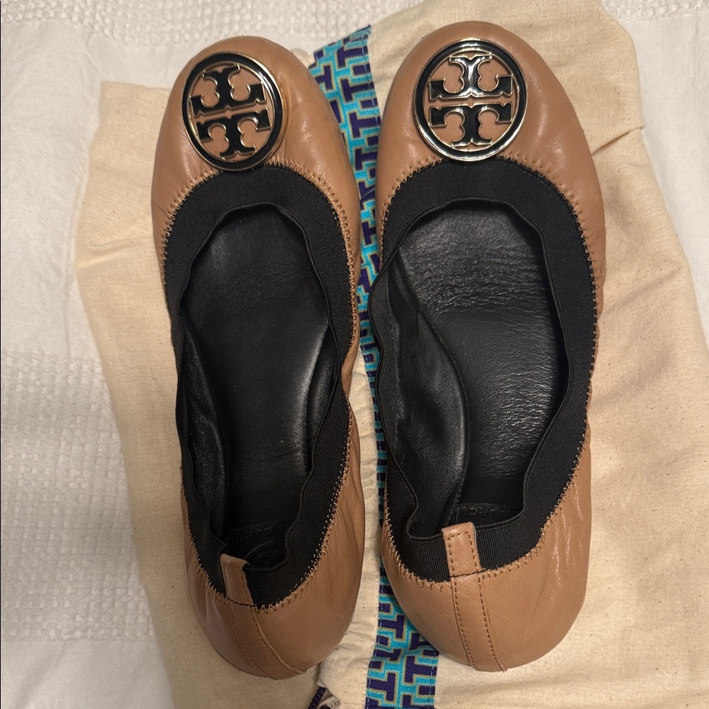 Tory Burch Tan and Black Ballet Flats